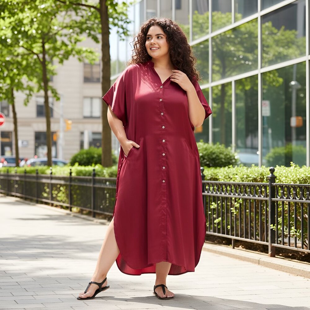 Women Plus Size Caftan Maxi Dress Satin Button Down Beach Swimsuit Cover Up